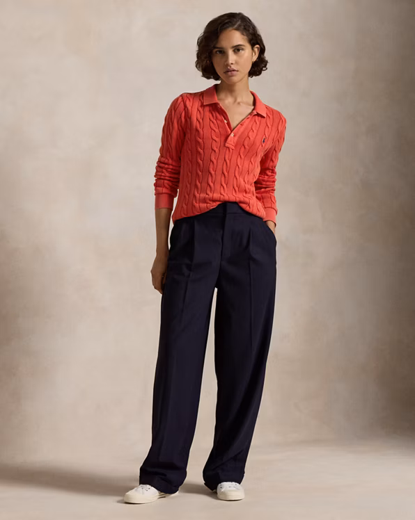 Cable-Knit Cotton Long-Sleeve Polo Shirt