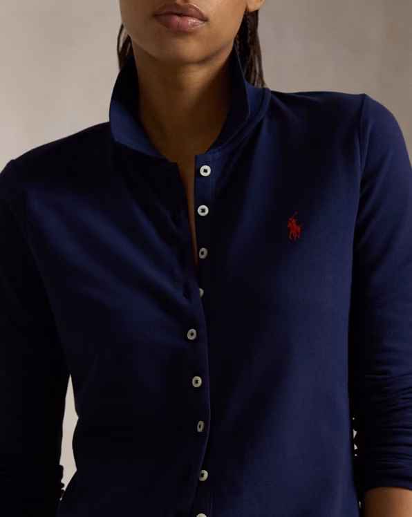 Buttoned-Placket Long-Sleeve Polo Shirt