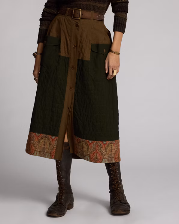 Mixed-Panel Quilted Cotton-Linen Skirt