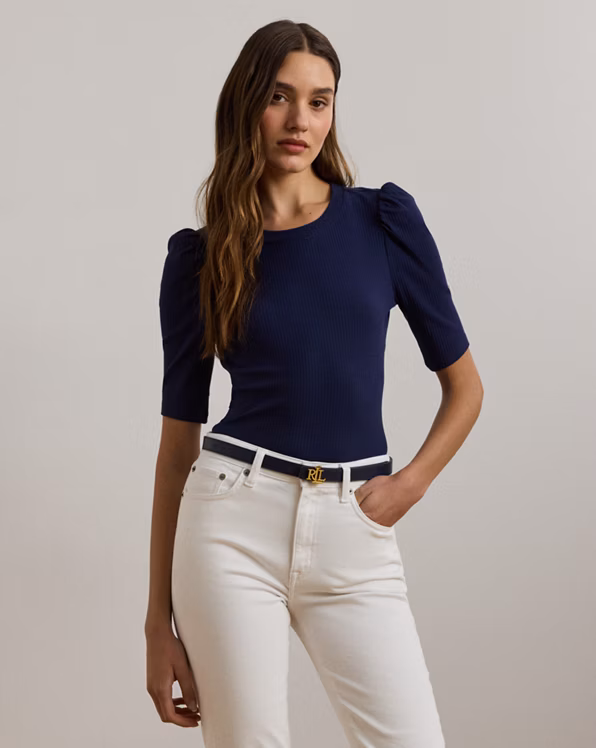 Cotton-Blend Rib-Knit Puff-Sleeve Tee