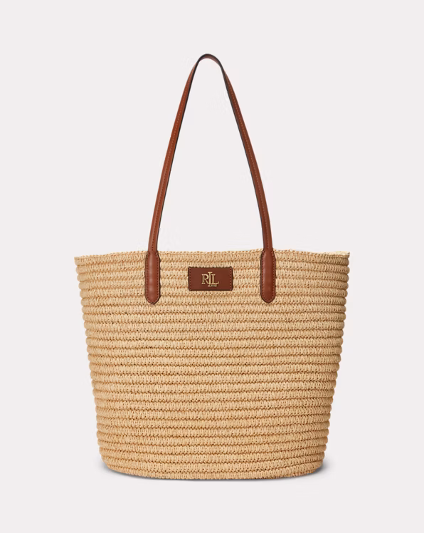 Leather-Trim Straw Large Brie Tote Bag