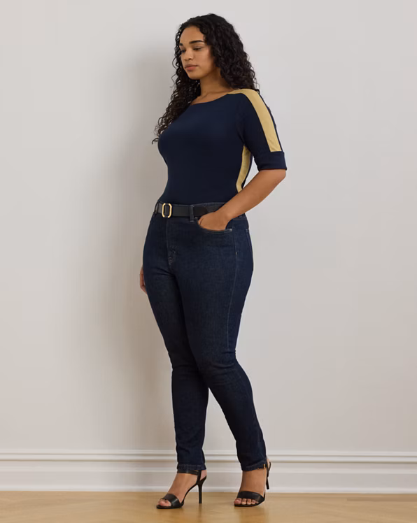 Two-Tone Stretch Cotton Elbow-Sleeve Tee