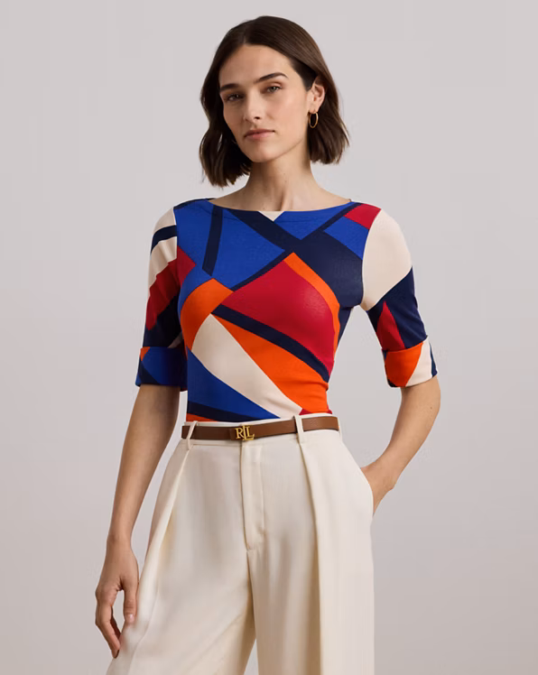 Print Stretch Cotton Boatneck T-Shirt