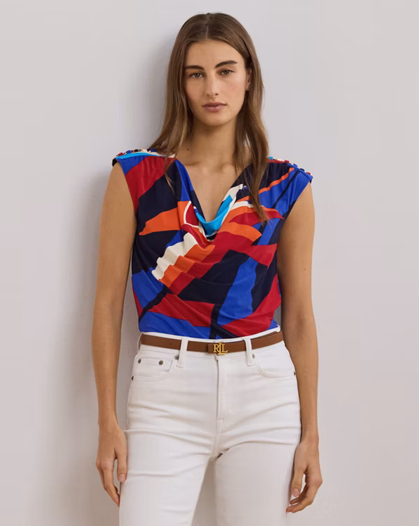 Print Jersey Sleeveless Cowlneck Top