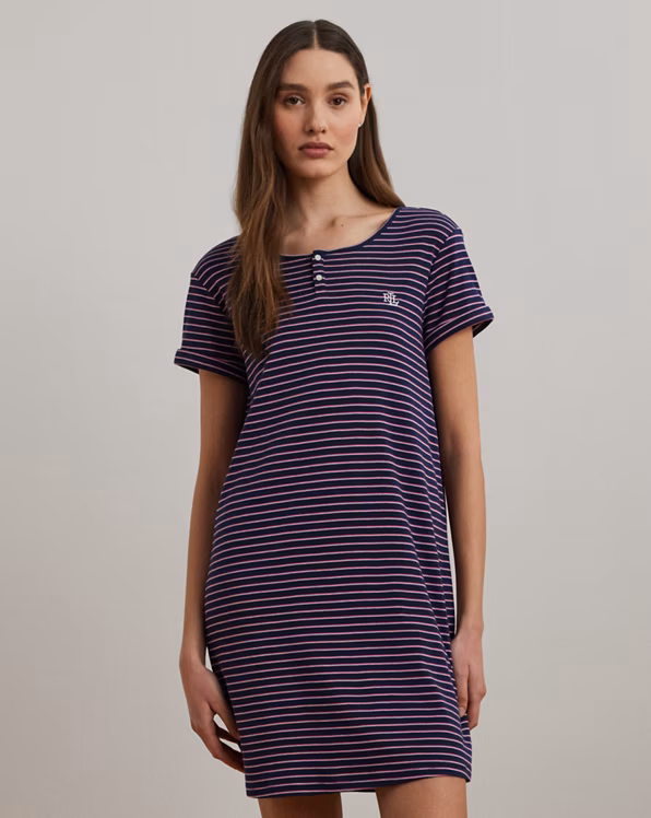 Striped Rib-Knit Henley Sleep Tee