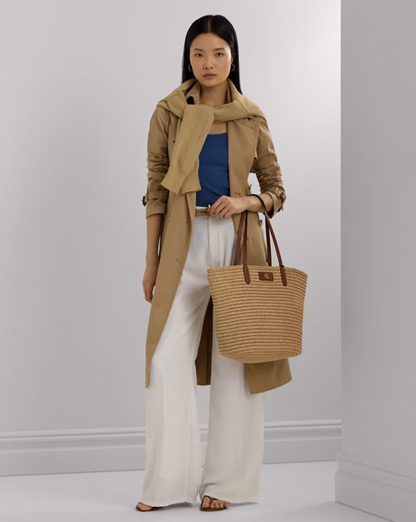Leather-Trim Straw Large Brie Tote Bag