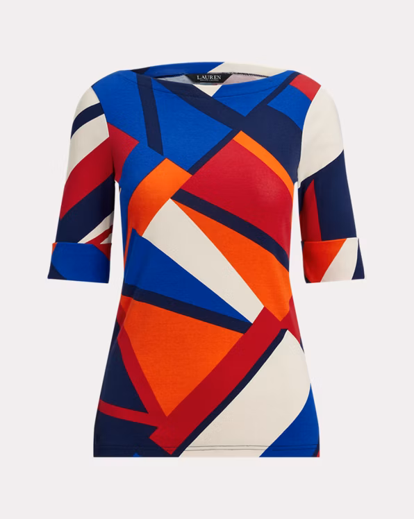 Print Stretch Cotton Boatneck T-Shirt