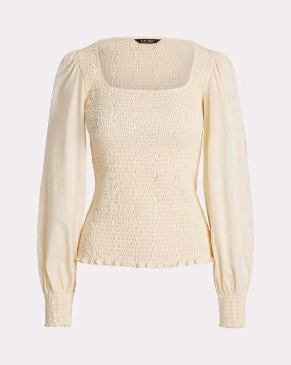 Smocked Jersey Blouson-Sleeve Top