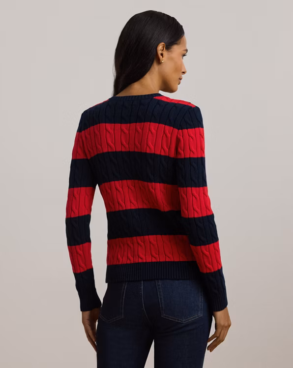 Striped Button-Trim Cable-Knit Jumper