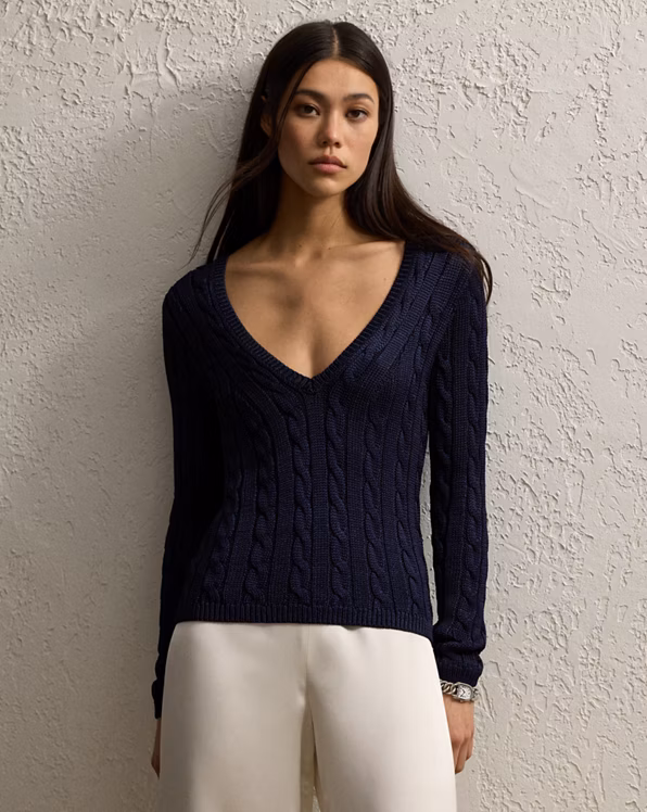 Cable-Knit Silk V-Neck Jumper