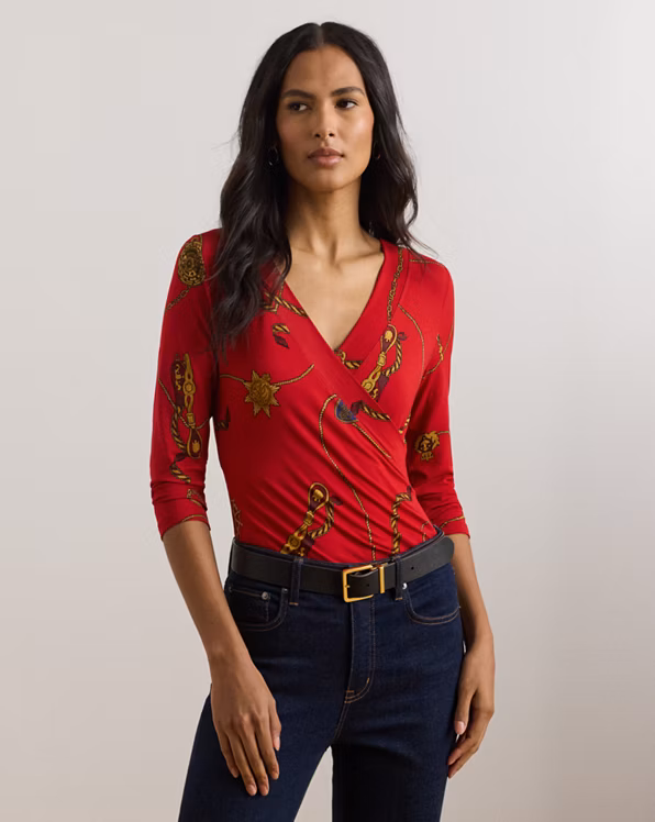 Belting-Print Jersey Surplice Top