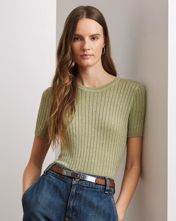 Metallic Rib-Knit Short-Sleeve Jumper