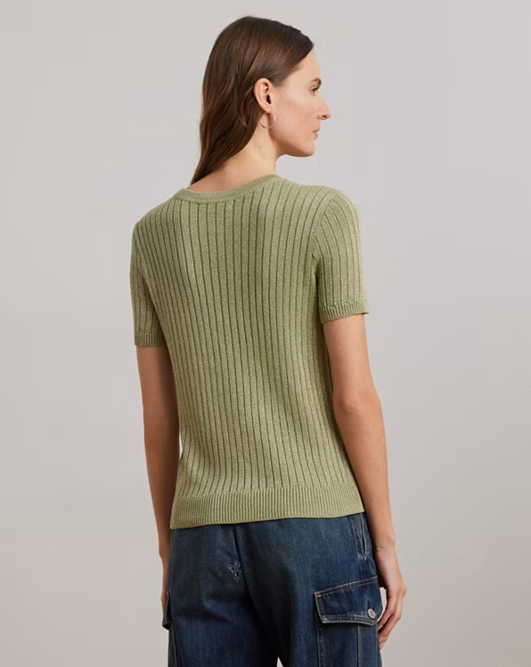 Metallic Rib-Knit Short-Sleeve Jumper