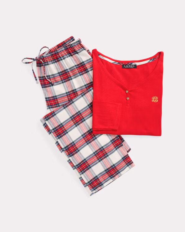 Plaid Cotton-Blend Henley Pyjama Set