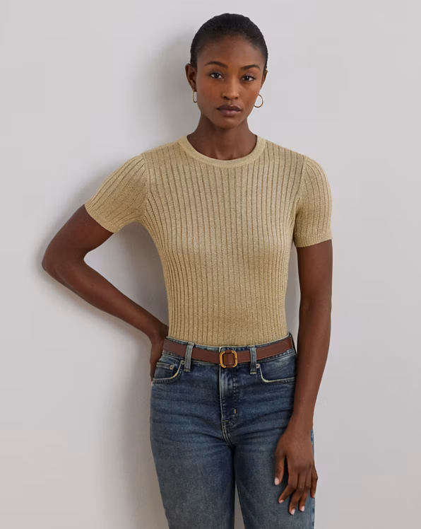 Metallic Rib-Knit Short-Sleeve Jumper