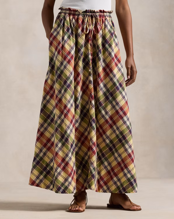 Plaid Cotton Drawstring Maxiskirt