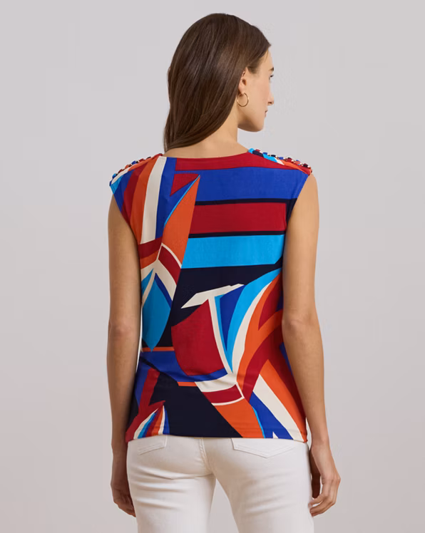 Print Jersey Sleeveless Cowlneck Top