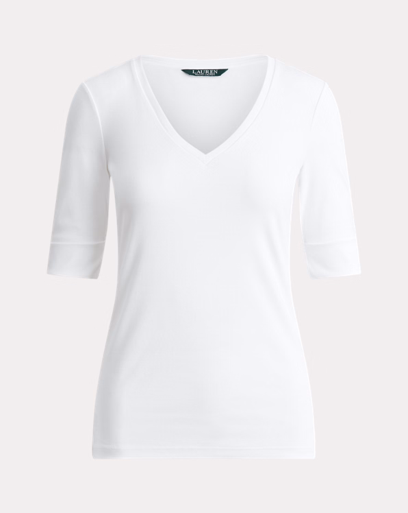 Stretch Cotton Elbow-Sleeve V-Neck Tee