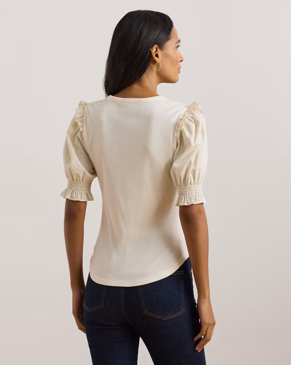 Rib-Knit Cotton-Blend Puff-Sleeve Top