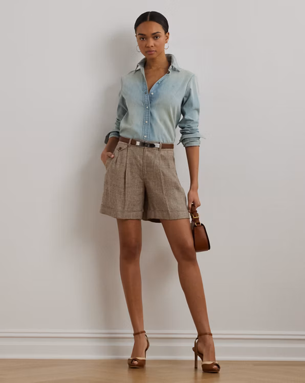 Glen Check Pleated Linen Twill Short
