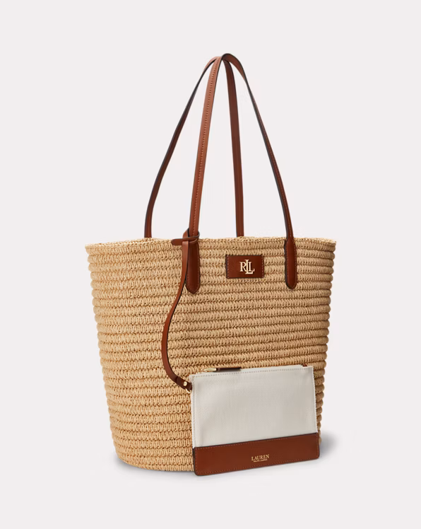 Leather-Trim Straw Large Brie Tote Bag