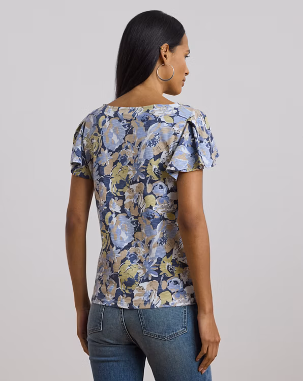 Floral Slub Jersey Flutter-Sleeve Top