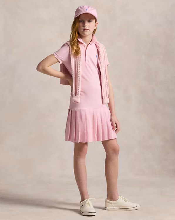 Pleated Stretch Mesh Polo Dress