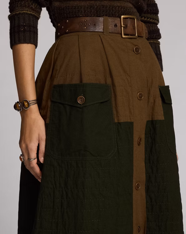 Mixed-Panel Quilted Cotton-Linen Skirt