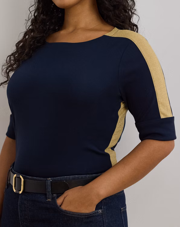 Two-Tone Stretch Cotton Elbow-Sleeve Tee