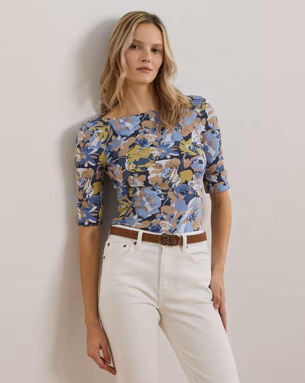 Floral Stretch Cotton Boatneck T-shirt
