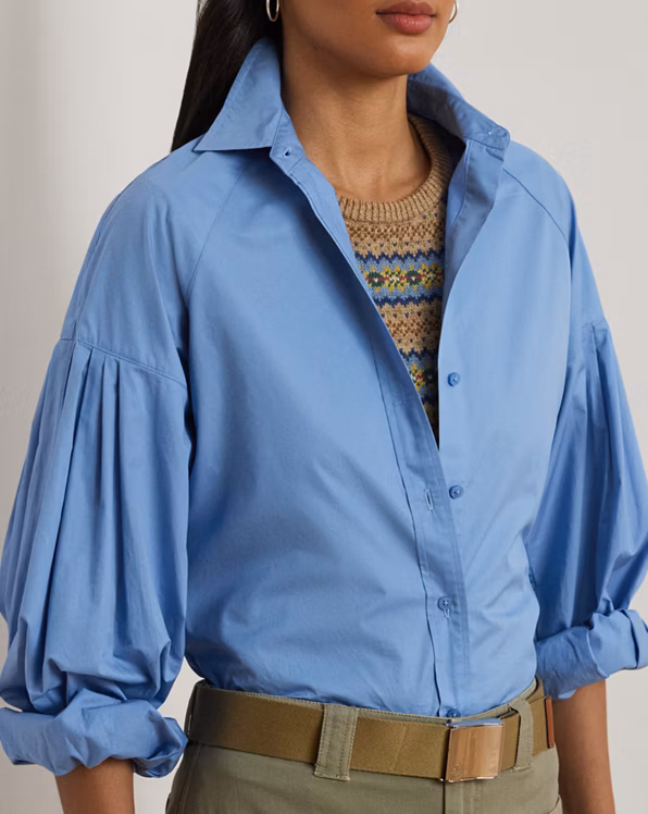 Cotton Poplin Blouson-Sleeve Shirt