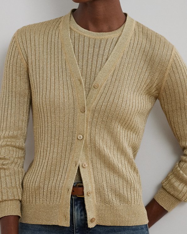 Metallic Linen-Blend Rib-Knit Cardigan