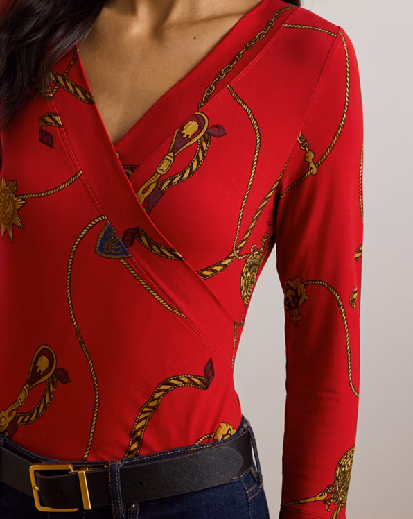 Belting-Print Jersey Surplice Top