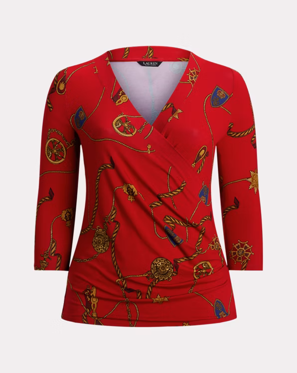 Belting-Print Jersey Surplice Top