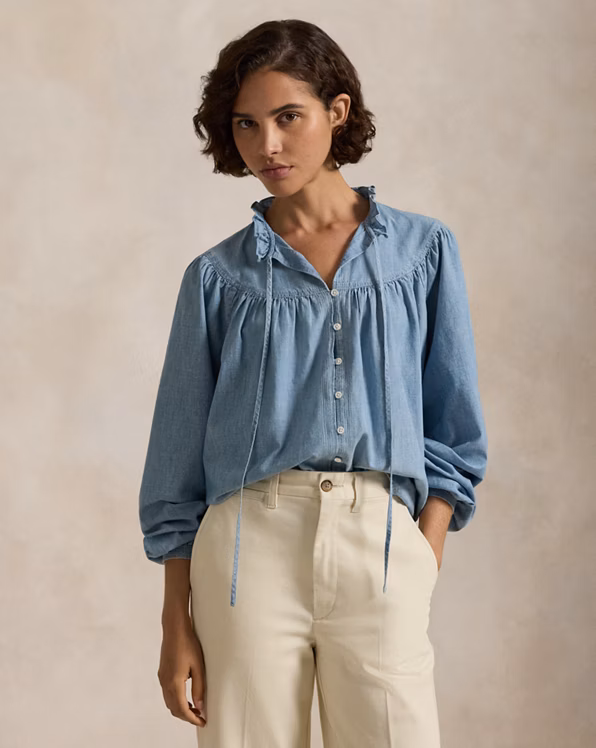 Ruffle-Trim Cotton Chambray Shirt