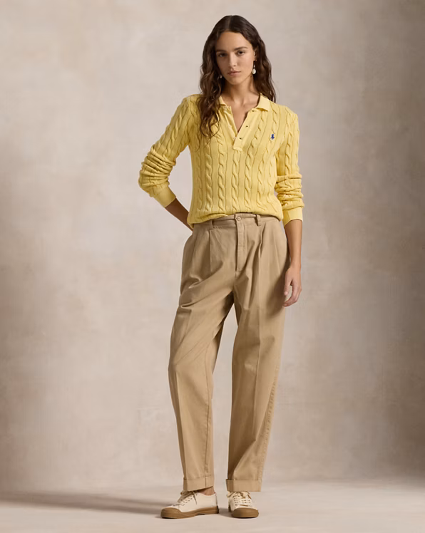 Cable-Knit Cotton Long-Sleeve Polo Shirt