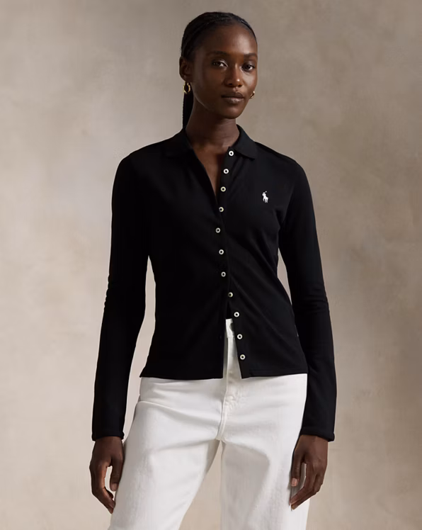 Buttoned-Placket Long-Sleeve Polo Shirt