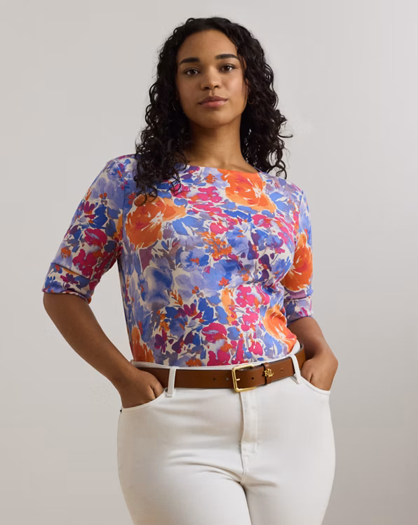 Floral Stretch Cotton Boatneck T-shirt