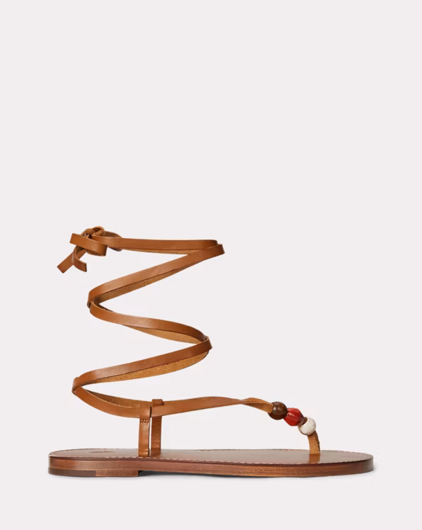 Leather Beaded Ankle-Wrap Sandal