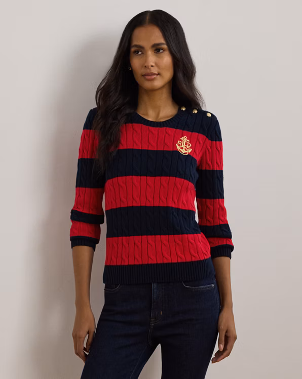 Striped Button-Trim Cable-Knit Jumper