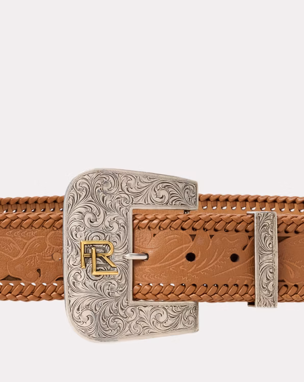 Tooled-Buckle Calf-Suede & Calfskin Belt