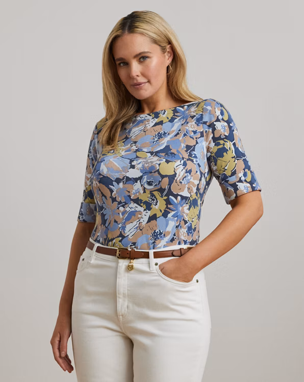 Floral Stretch Cotton Boatneck T-shirt