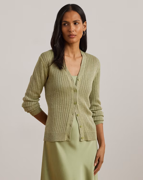 Metallic Linen-Blend Rib-Knit Cardigan