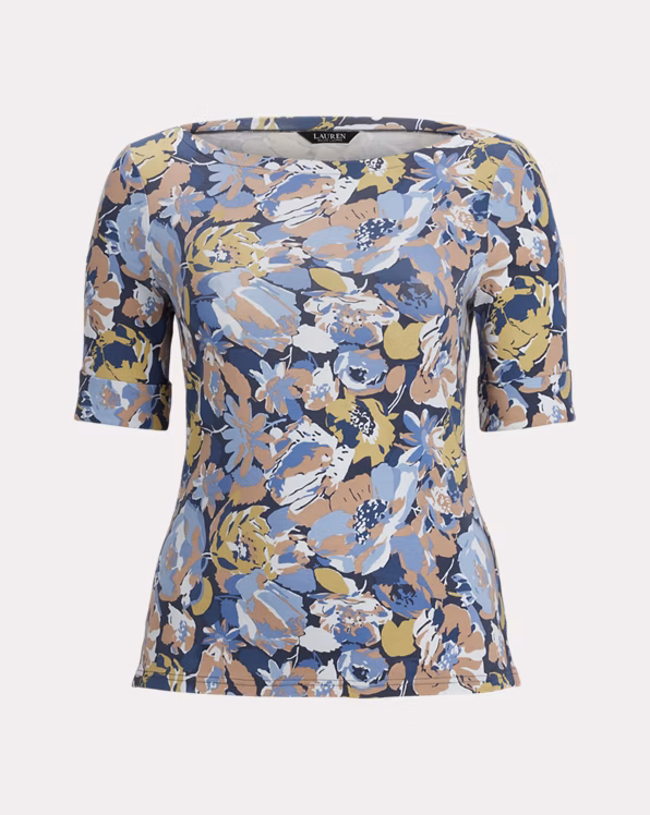 Floral Stretch Cotton Boatneck T-shirt