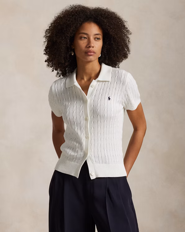 Cable Cotton Short-Sleeve Polo Cardigan