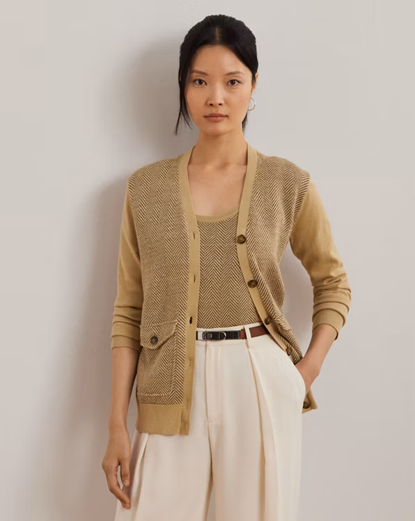 Herringbone & Jersey V-Neck Cardigan