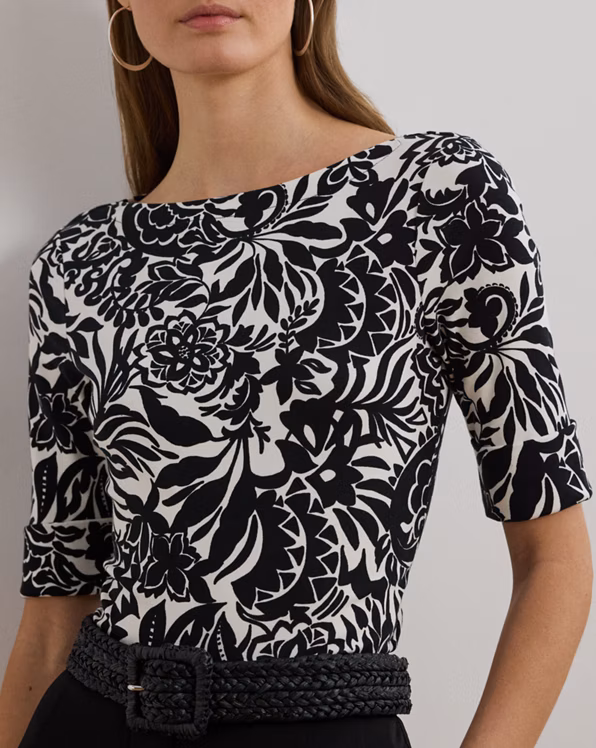 Floral Stretch Cotton Boatneck T-shirt