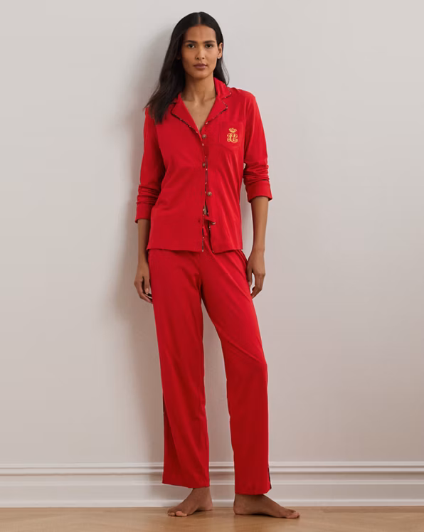 Plaid-Trim Jersey Sleep Set