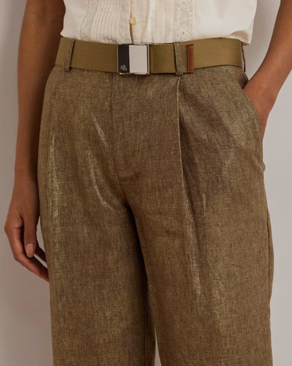 Pleated Metallic Linen Cropped Trouser