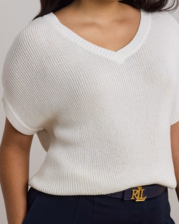 Rib-Knit Short-Sleeve V-Neck Jumper